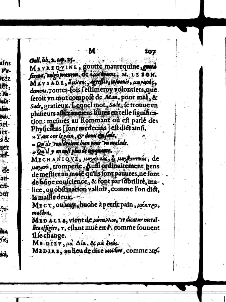 An illustration from Celt-hellenisme, ou, Etymologic des mots francois tirez du graec [microforme] : plus preuves en general de la descente de nostre langue, 1581, leaf 215