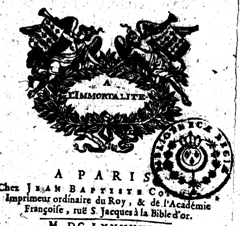 An illustration from Remarques et decisions de l'Académie Françoise [microforme], 1698, leaf 1