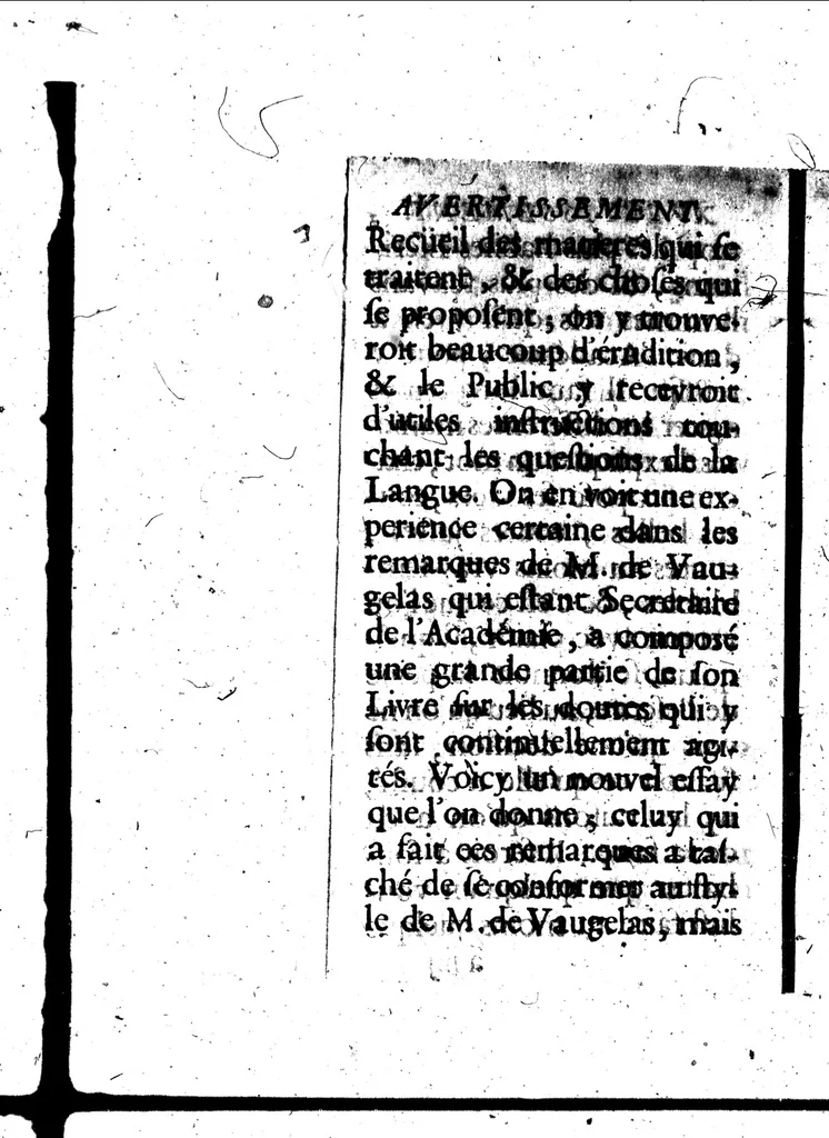An illustration from Remarques et decisions de l'Académie Françoise [microforme], 1698, leaf 6