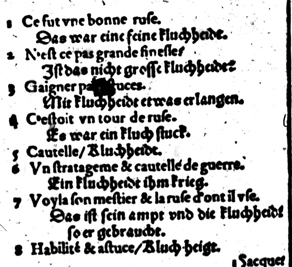 An illustration from Synonymes. C'est à dire plusieurs propos, porpres tant en escrivant qu'en parlant, tirez quasi tous à un mesme sens pour monstrer la richesse de la langue françoise [microforme], 1569, leaf 252