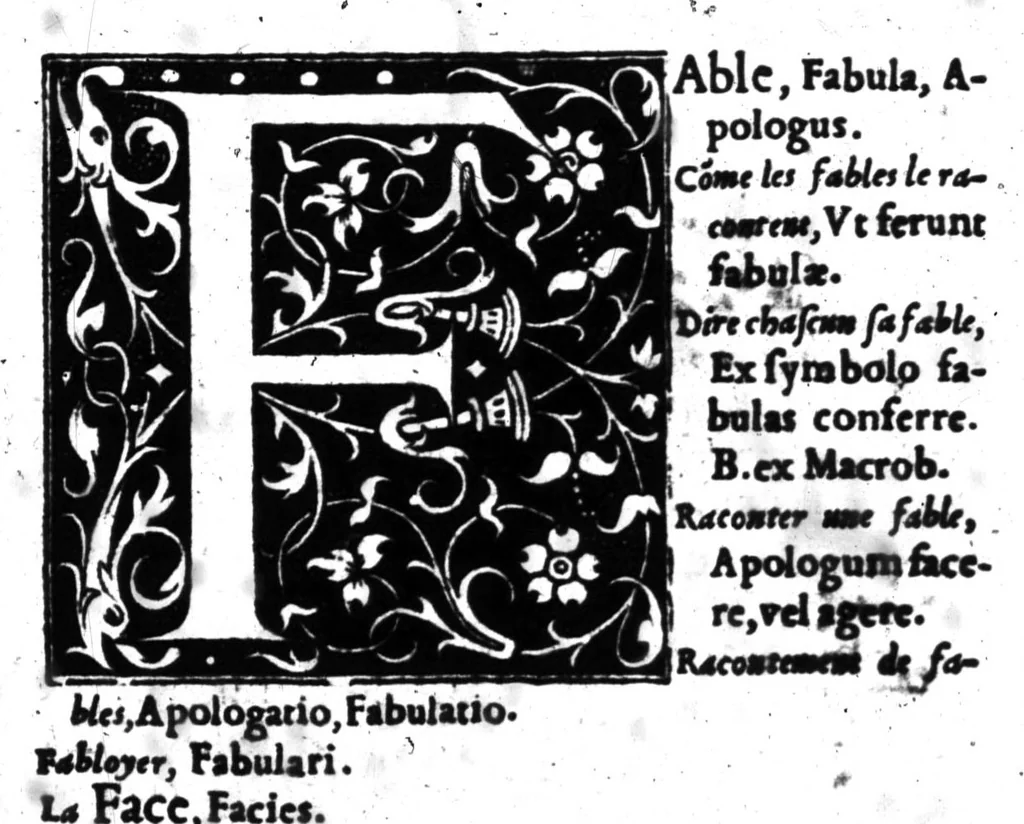 An illustration from Dictionnaire francois-latin, autrement dict, Les mots francois avec les manieres duser dideux, tournez en latin [microforme], 1549, leaf 255