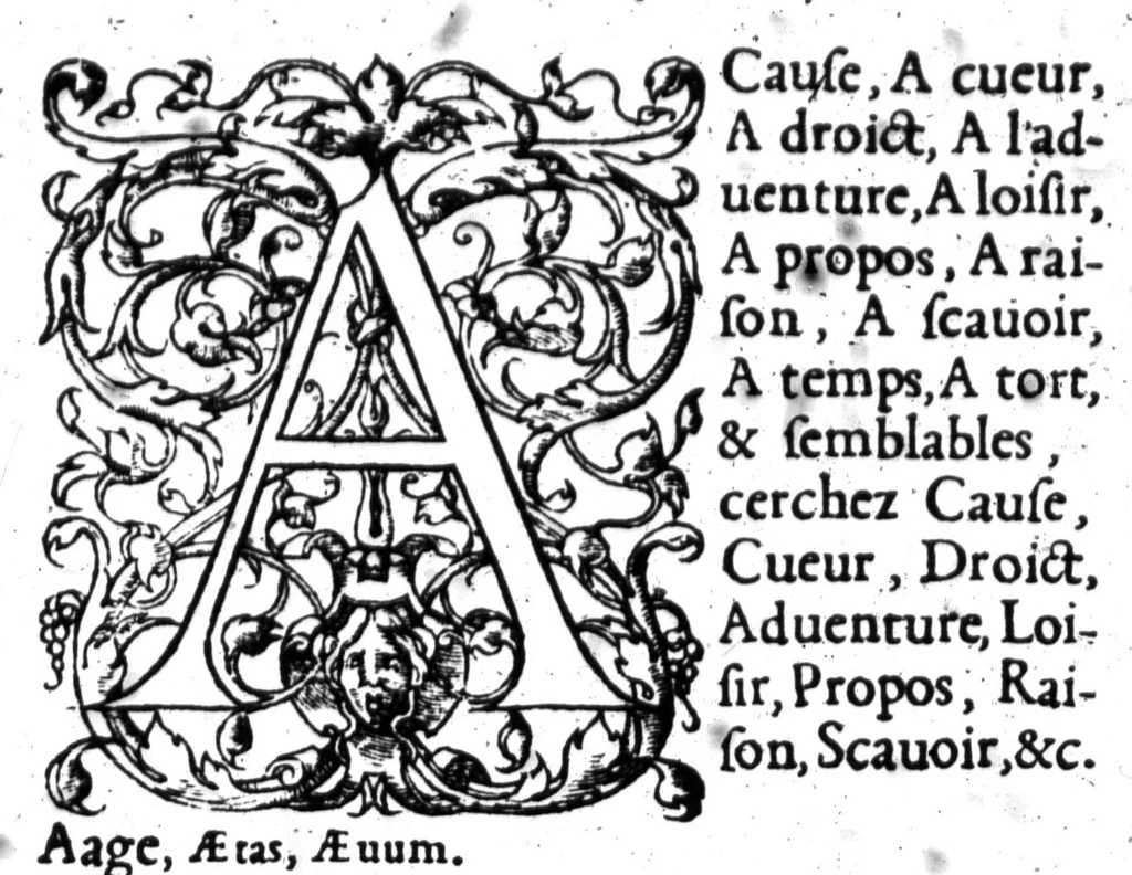 An illustration from Dictionnaire francois-latin, autrement dict, Les mots francois avec les manieres duser dideux, tournez en latin [microforme], 1549, leaf 3
