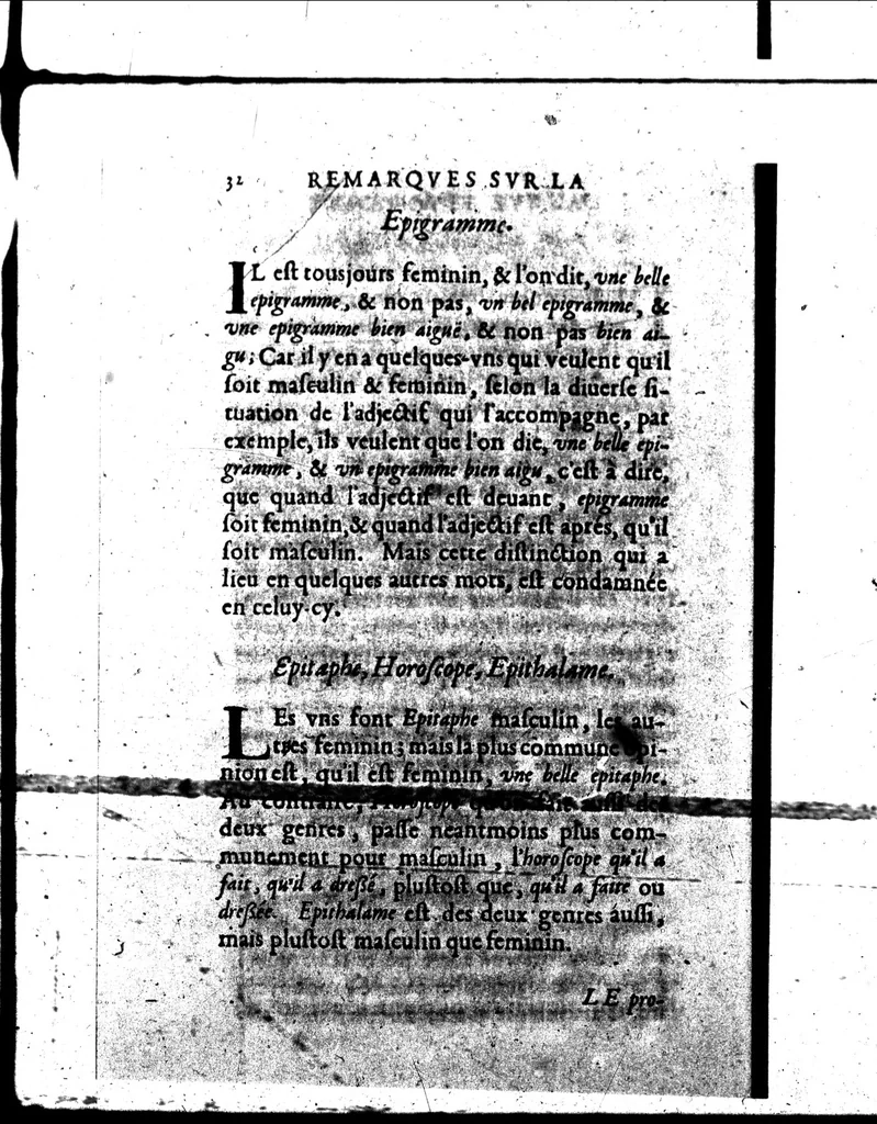 An illustration from Remarques sur la langue françoise utile à ceux qui veulent bien parler et bien éscrire [microforme], 1647, leaf 98