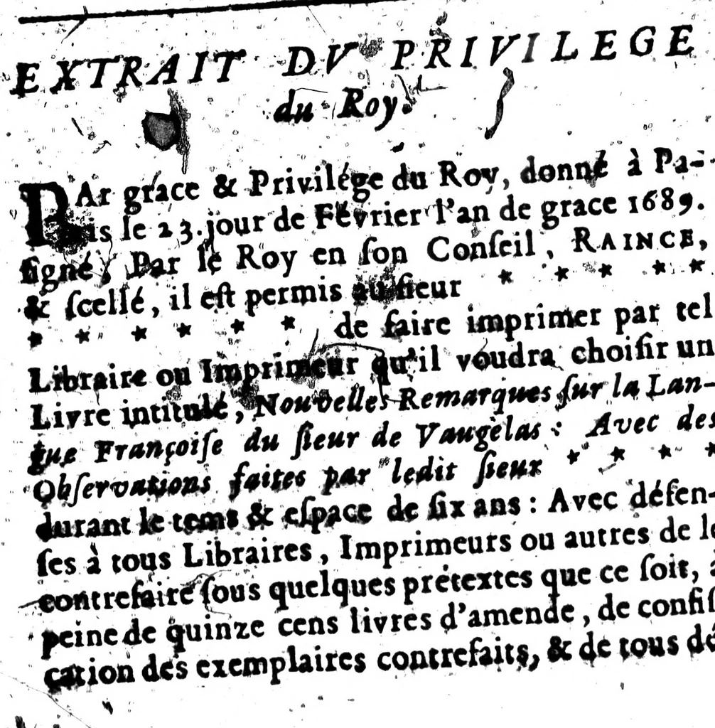 An illustration from Nouvelles remarques de M. de Vaugelas sur la langue françoise [microforme], 1690, leaf 650