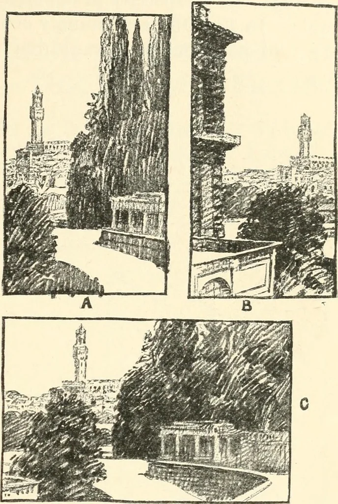 An illustration from Freehand perspective and sketching; principles and methods of expression in the pictorial representation of common objects, interiors, buildings and landscapes, 1916, leaf 102