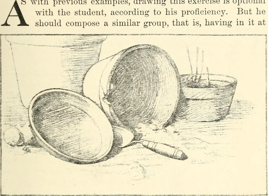 An illustration from Freehand perspective and sketching; principles and methods of expression in the pictorial representation of common objects, interiors, buildings and landscapes, 1916, leaf 114