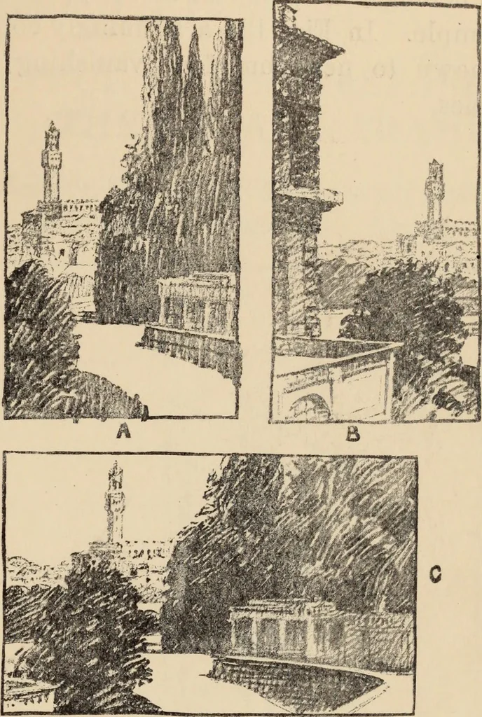 An illustration from Freehand perspective and sketching; principles and methods of expression in the pictorial representation of common objects, interiors, buildings and landscapes, 1910, leaf 100