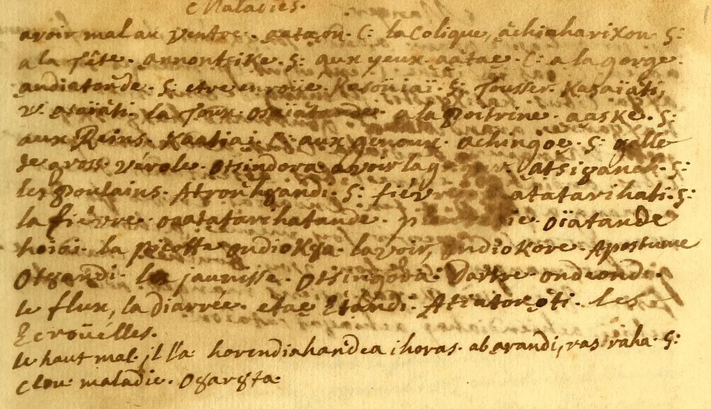 An illustration from [French-Huron dictionary and vocabulary], 1640, leaf 247