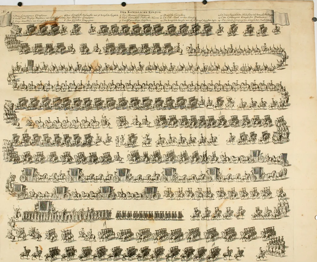 An illustration from Freuden-Bezeugung der Stadt Dantzig : über die höchst-erwünschte königliche Wahl und darauf glücklich-erfolgte Krönung des durchläuchtigsten, grossmächtigsten Fürsten und Herrn, Herrn Augusti des Andern, Königes in Pohlen ... : wobey höchst-gedachter Majestät königlicher Einzug in besagte Stadt, die daselbst aufgerichtete Ehre-Pforten, Huldigungs-Actus, gehaltenes Feuerwerck, und was sonsten denckwürdiges vorgefallen, biss an Dero Königlichen Abzug, wahrhafftig beschrieben, und alles in schönen Kupfferen repraesentiret wird, 1698, leaf 13