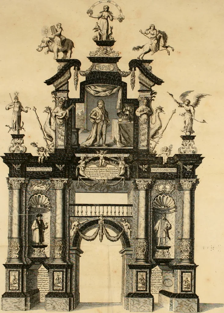 An illustration from Freuden-Bezeugung der Stadt Dantzig : über die höchst-erwünschte königliche Wahl und darauf glücklich-erfolgte Krönung des durchläuchtigsten, grossmächtigsten Fürsten und Herrn, Herrn Augusti des Andern, Königes in Pohlen ... : wobey höchst-gedachter Majestät königlicher Einzug in besagte Stadt, die daselbst aufgerichtete Ehre-Pforten, Huldigungs-Actus, gehaltenes Feuerwerck, und was sonsten denckwürdiges vorgefallen, biss an Dero Königlichen Abzug, wahrhafftig beschrieben, und alles in schönen Kupfferen repraesentiret wird, 1698, leaf 17