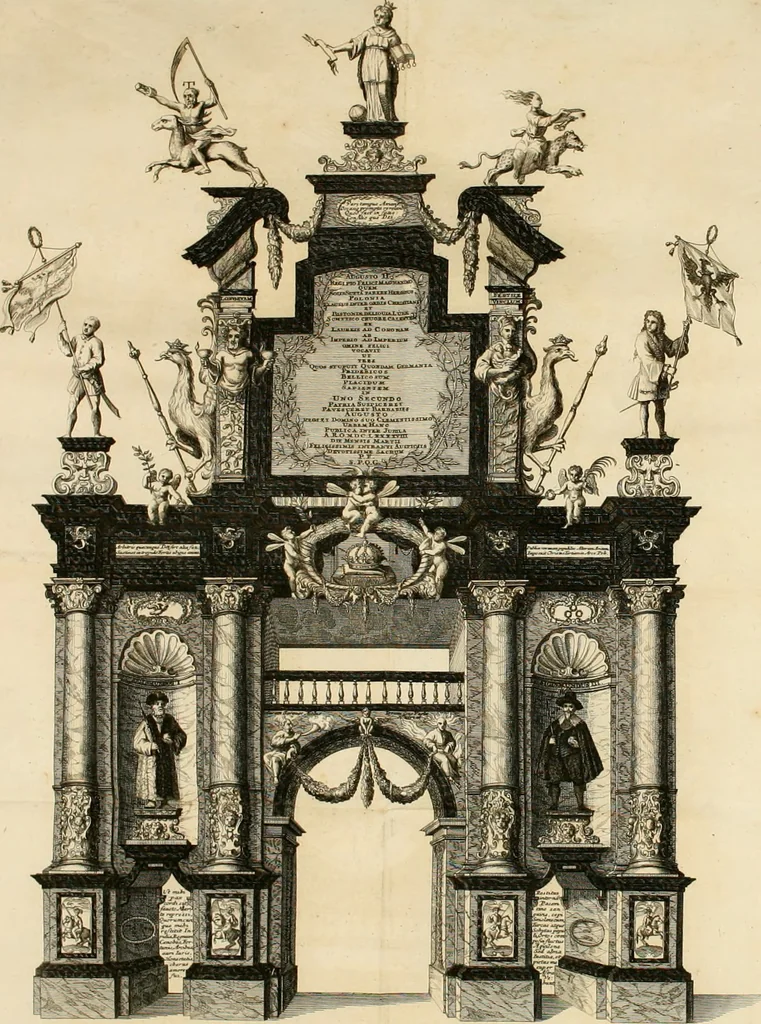 An illustration from Freuden-Bezeugung der Stadt Dantzig : über die höchst-erwünschte königliche Wahl und darauf glücklich-erfolgte Krönung des durchläuchtigsten, grossmächtigsten Fürsten und Herrn, Herrn Augusti des Andern, Königes in Pohlen ... : wobey höchst-gedachter Majestät königlicher Einzug in besagte Stadt, die daselbst aufgerichtete Ehre-Pforten, Huldigungs-Actus, gehaltenes Feuerwerck, und was sonsten denckwürdiges vorgefallen, biss an Dero Königlichen Abzug, wahrhafftig beschrieben, und alles in schönen Kupfferen repraesentiret wird, 1698, leaf 19