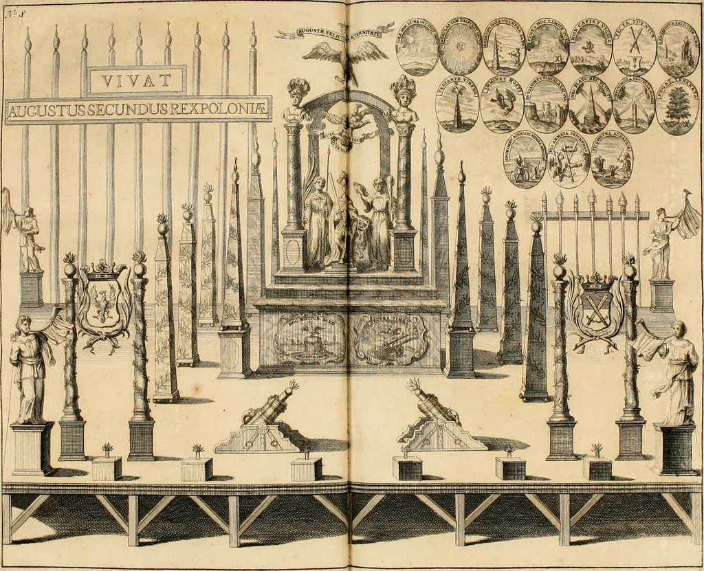 An illustration from Freuden-Bezeugung der Stadt Dantzig : über die höchst-erwünschte königliche Wahl und darauf glücklich-erfolgte Krönung des durchläuchtigsten, grossmächtigsten Fürsten und Herrn, Herrn Augusti des Andern, Königes in Pohlen ... : wobey höchst-gedachter Majestät königlicher Einzug in besagte Stadt, die daselbst aufgerichtete Ehre-Pforten, Huldigungs-Actus, gehaltenes Feuerwerck, und was sonsten denckwürdiges vorgefallen, biss an Dero Königlichen Abzug, wahrhafftig beschrieben, und alles in schönen Kupfferen repraesentiret wird, 1698, leaf 29