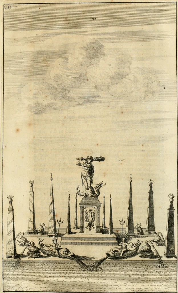 An illustration from Freuden-Bezeugung der Stadt Dantzig : über die höchst-erwünschte königliche Wahl und darauf glücklich-erfolgte Krönung des durchläuchtigsten, grossmächtigsten Fürsten und Herrn, Herrn Augusti des Andern, Königes in Pohlen ... : wobey höchst-gedachter Majestät königlicher Einzug in besagte Stadt, die daselbst aufgerichtete Ehre-Pforten, Huldigungs-Actus, gehaltenes Feuerwerck, und was sonsten denckwürdiges vorgefallen, biss an Dero Königlichen Abzug, wahrhafftig beschrieben, und alles in schönen Kupfferen repraesentiret wird, 1698, leaf 38