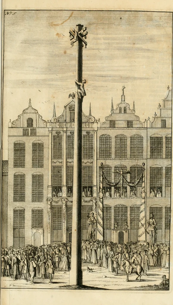 An illustration from Freuden-Bezeugung der Stadt Dantzig : über die höchst-erwünschte königliche Wahl und darauf glücklich-erfolgte Krönung des durchläuchtigsten, grossmächtigsten Fürsten und Herrn, Herrn Augusti des Andern, Königes in Pohlen ... : wobey höchst-gedachter Majestät königlicher Einzug in besagte Stadt, die daselbst aufgerichtete Ehre-Pforten, Huldigungs-Actus, gehaltenes Feuerwerck, und was sonsten denckwürdiges vorgefallen, biss an Dero Königlichen Abzug, wahrhafftig beschrieben, und alles in schönen Kupfferen repraesentiret wird, 1698, leaf 44