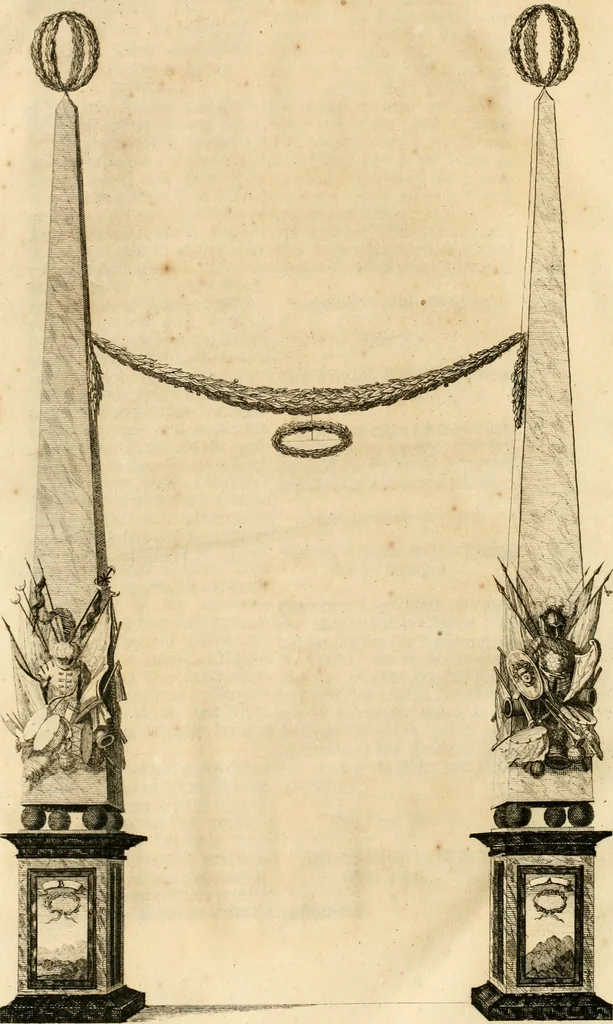 An illustration from Freuden-Bezeugung der Stadt Dantzig : über die höchst-erwünschte königliche Wahl und darauf glücklich-erfolgte Krönung des durchläuchtigsten, grossmächtigsten Fürsten und Herrn, Herrn Augusti des Andern, Königes in Pohlen ... : wobey höchst-gedachter Majestät königlicher Einzug in besagte Stadt, die daselbst aufgerichtete Ehre-Pforten, Huldigungs-Actus, gehaltenes Feuerwerck, und was sonsten denckwürdiges vorgefallen, biss an Dero Königlichen Abzug, wahrhafftig beschrieben, und alles in schönen Kupfferen repraesentiret wird, 1698, leaf 53