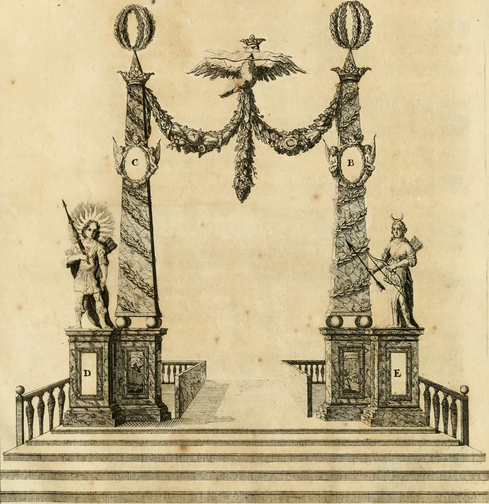 An illustration from Freuden-Bezeugung der Stadt Dantzig : über die höchst-erwünschte königliche Wahl und darauf glücklich-erfolgte Krönung des durchläuchtigsten, grossmächtigsten Fürsten und Herrn, Herrn Augusti des Andern, Königes in Pohlen ... : wobey höchst-gedachter Majestät königlicher Einzug in besagte Stadt, die daselbst aufgerichtete Ehre-Pforten, Huldigungs-Actus, gehaltenes Feuerwerck, und was sonsten denckwürdiges vorgefallen, biss an Dero Königlichen Abzug, wahrhafftig beschrieben, und alles in schönen Kupfferen repraesentiret wird, 1698, leaf 54