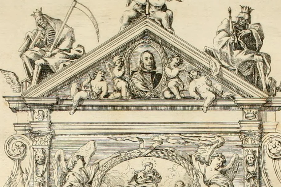 An illustration from Funeral hecho en Roma en la yglesia de Santiago delos españoles à 18 de diciembre de 1665 : a la gloriosa memoria del rei catolico delas Españas nuesro señor D. Felipe quarto el grande en nombre de la nacion española, 1666, leaf 53