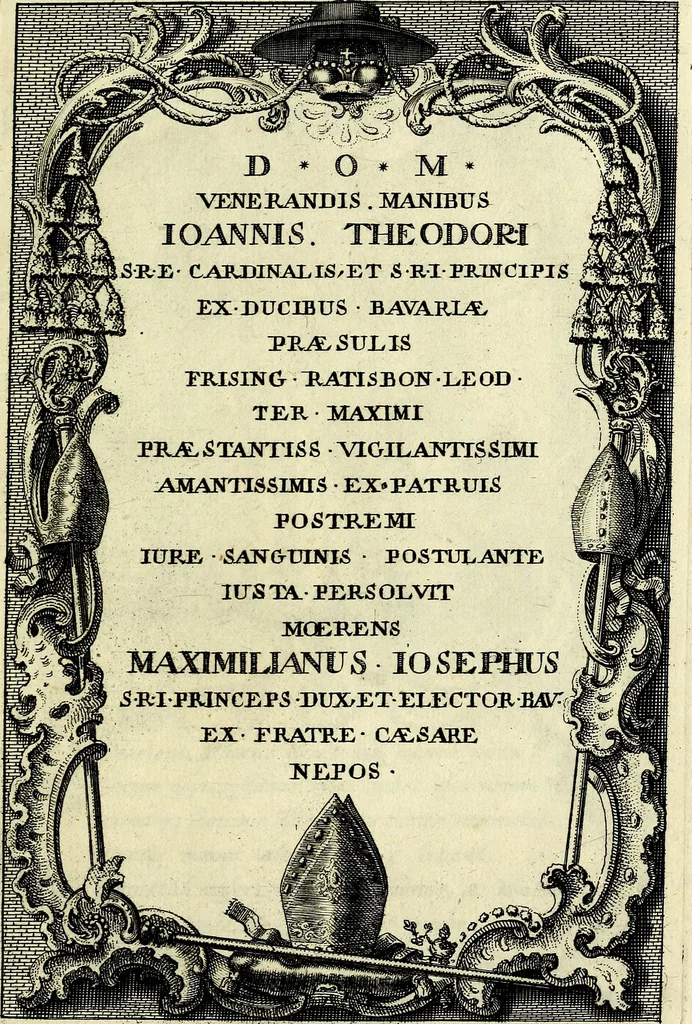 An illustration from Funeris solemnia in lugubri apparatu serenissimo ac eminentiss. DD. Ioanni Theodoro S.R.E. cardinali episcopo Frising, Ratisbon ... : parentata à sereniss. ac potentiss. principe Maximiliano Iosepho duce ac electore Bavariae &&. in templo elect. clericor. regul. theatinor, et ab ijsdem adornata, 1763, leaf 10