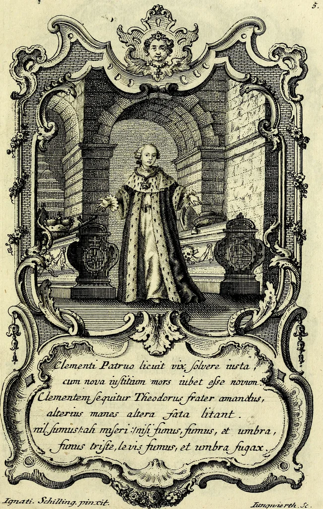 An illustration from Funeris solemnia in lugubri apparatu serenissimo ac eminentiss. DD. Ioanni Theodoro S.R.E. cardinali episcopo Frising, Ratisbon ... : parentata à sereniss. ac potentiss. principe Maximiliano Iosepho duce ac electore Bavariae &&. in templo elect. clericor. regul. theatinor, et ab ijsdem adornata, 1763, leaf 12