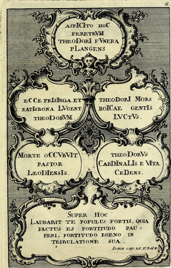 An illustration from Funeris solemnia in lugubri apparatu serenissimo ac eminentiss. DD. Ioanni Theodoro S.R.E. cardinali episcopo Frising, Ratisbon ... : parentata à sereniss. ac potentiss. principe Maximiliano Iosepho duce ac electore Bavariae &&. in templo elect. clericor. regul. theatinor, et ab ijsdem adornata, 1763, leaf 24