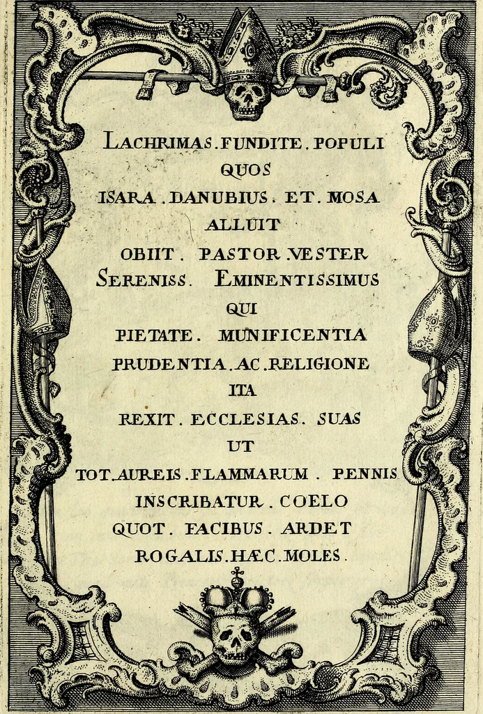 An illustration from Funeris solemnia in lugubri apparatu serenissimo ac eminentiss. DD. Ioanni Theodoro S.R.E. cardinali episcopo Frising, Ratisbon ... : parentata à sereniss. ac potentiss. principe Maximiliano Iosepho duce ac electore Bavariae &&. in templo elect. clericor. regul. theatinor, et ab ijsdem adornata, 1763, leaf 26
