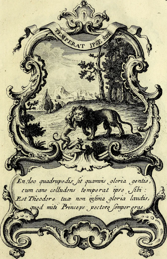 An illustration from Funeris solemnia in lugubri apparatu serenissimo ac eminentiss. DD. Ioanni Theodoro S.R.E. cardinali episcopo Frising, Ratisbon ... : parentata à sereniss. ac potentiss. principe Maximiliano Iosepho duce ac electore Bavariae &&. in templo elect. clericor. regul. theatinor, et ab ijsdem adornata, 1763, leaf 28