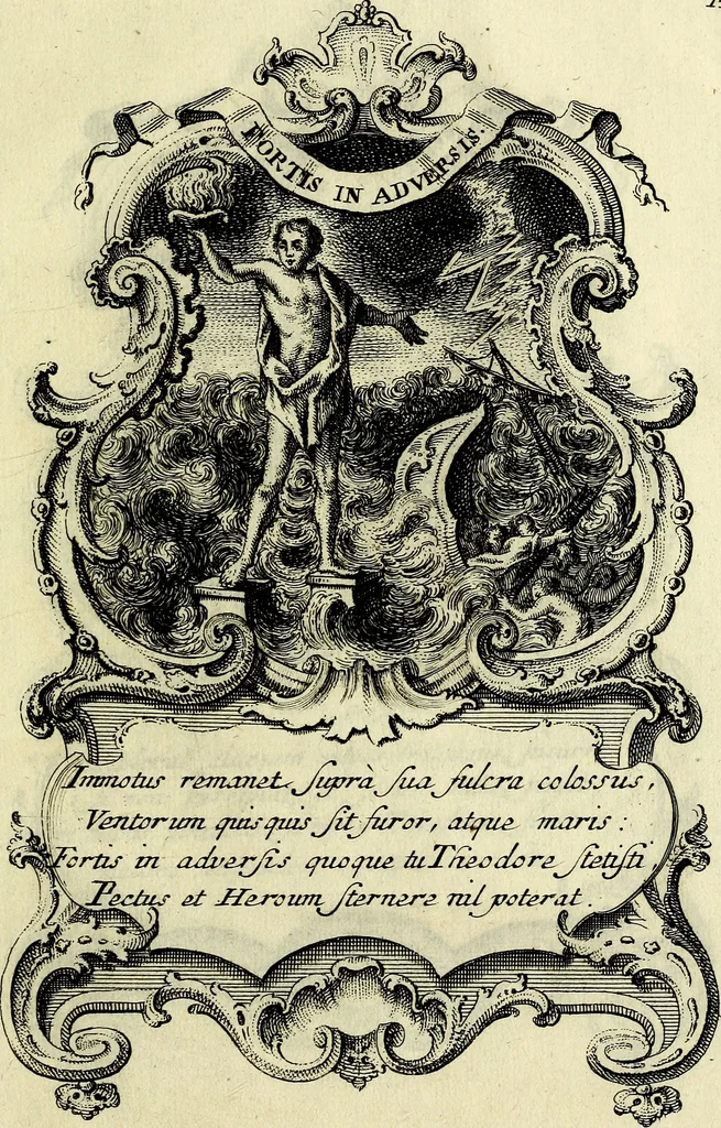 An illustration from Funeris solemnia in lugubri apparatu serenissimo ac eminentiss. DD. Ioanni Theodoro S.R.E. cardinali episcopo Frising, Ratisbon ... : parentata à sereniss. ac potentiss. principe Maximiliano Iosepho duce ac electore Bavariae &&. in templo elect. clericor. regul. theatinor, et ab ijsdem adornata, 1763, leaf 30