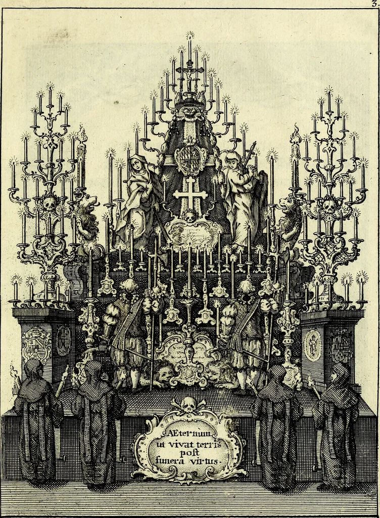 An illustration from Funeris solemnia in lugubri apparatu serenissimo ac eminentiss. DD. Ioanni Theodoro S.R.E. cardinali episcopo Frising, Ratisbon ... : parentata à sereniss. ac potentiss. principe Maximiliano Iosepho duce ac electore Bavariae &&. in templo elect. clericor. regul. theatinor, et ab ijsdem adornata, 1763, leaf 8