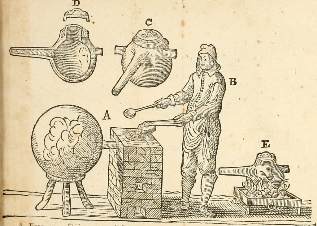 An illustration from Furni novi philosophici, sive, Descriptio artis destillatoriae novae : nec non spirituum, oleorum, florum, aliorumque medicamentorum illius beneficio, facilimâ quâdam & peculiari viâ è vegetabilibus, animalibus & mineralibus, conficiendorum & quidem magno cum lucro; agens quoque de illorum usu tàm chymico quàm medico, 1651, leaf 227