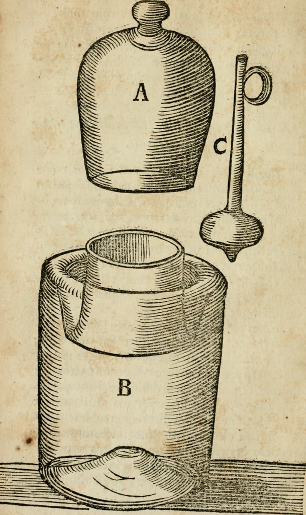An illustration from Furni novi philosophici, sive, Descriptio artis destillatoriae novae : nec non spirituum, oleorum, florum, aliorumque medicamentorum illius beneficio, facilimâ quâdam & peculiari viâ è vegetabilibus, animalibus & mineralibus, conficiendorum & quidem magno cum lucro; agens quoque de illorum usu tàm chymico quàm medico, 1651, leaf 389