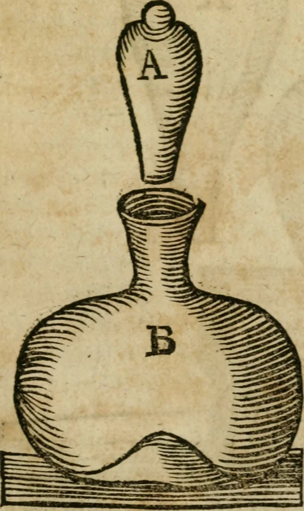 An illustration from Furni novi philosophici, sive, Descriptio artis destillatoriae novae : nec non spirituum, oleorum, florum, aliorumque medicamentorum illius beneficio, facilimâ quâdam & peculiari viâ è vegetabilibus, animalibus & mineralibus, conficiendorum & quidem magno cum lucro; agens quoque de illorum usu tàm chymico quàm medico, 1651, leaf 392