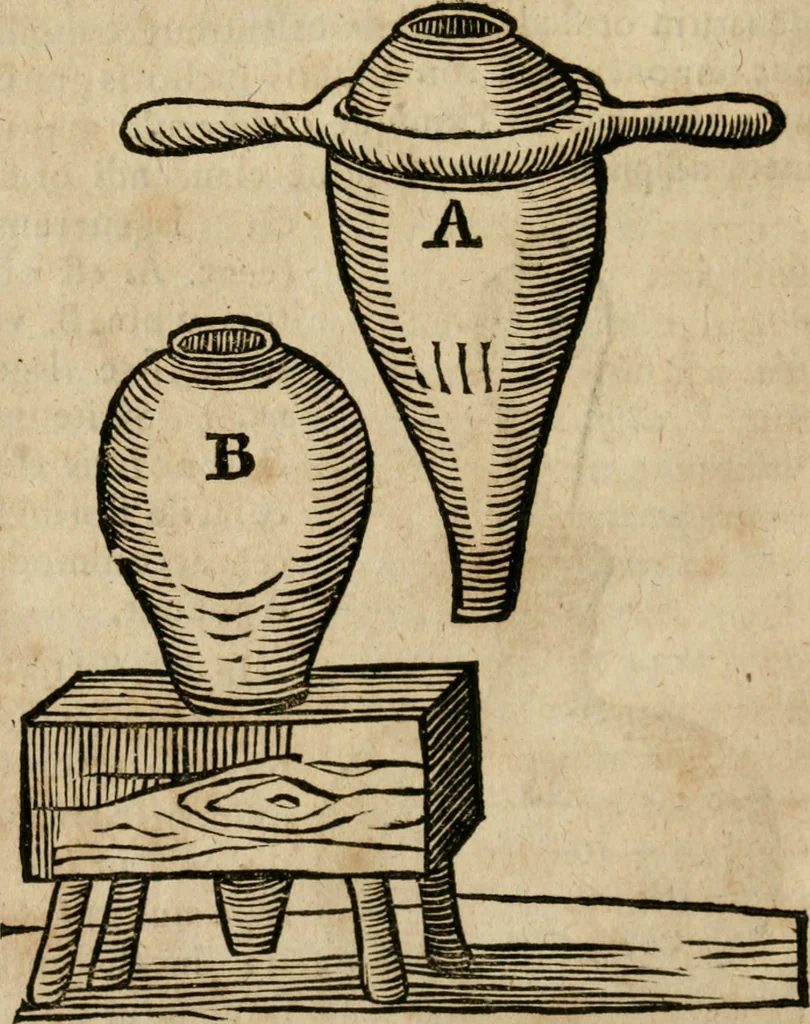 An illustration from Furni novi philosophici, sive, Descriptio artis destillatoriae novae : nec non spirituum, oleorum, florum, aliorumque medicamentorum illius beneficio, facilimâ quâdam & peculiari viâ è vegetabilibus, animalibus & mineralibus, conficiendorum & quidem magno cum lucro; agens quoque de illorum usu tàm chymico quàm medico, 1651, leaf 393
