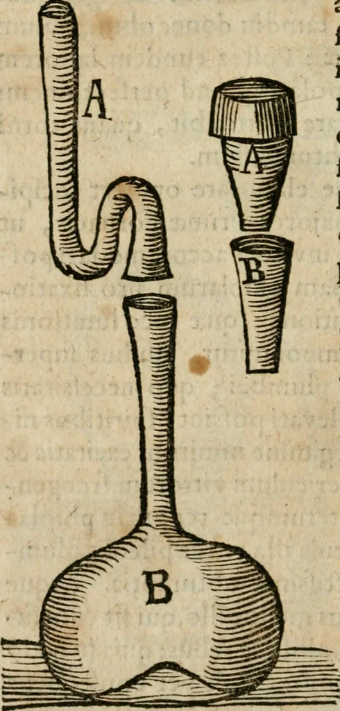 An illustration from Furni novi philosophici, sive, Descriptio artis destillatoriae novae : nec non spirituum, oleorum, florum, aliorumque medicamentorum illius beneficio, facilimâ quâdam & peculiari viâ è vegetabilibus, animalibus & mineralibus, conficiendorum & quidem magno cum lucro; agens quoque de illorum usu tàm chymico quàm medico, 1651, leaf 395