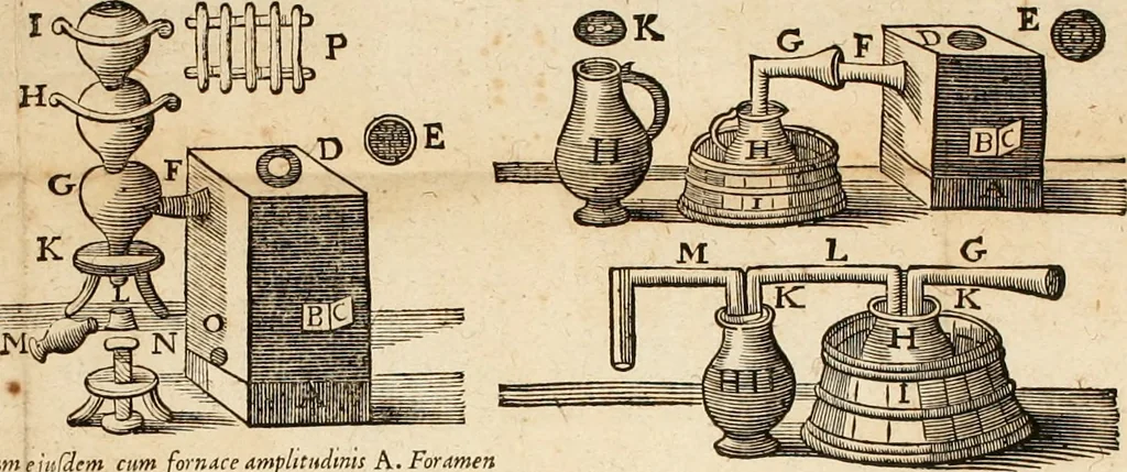 An illustration from Furni novi philosophici, sive, Descriptio artis destillatoriae novae : nec non spirituum, oleorum, florum, aliorumque medicamentorum illius beneficio, facilimâ quâdam & peculiari viâ è vegetabilibus, animalibus & mineralibus, conficiendorum & quidem magno cum lucro; agens quoque de illorum usu tàm chymico quàm medico, 1651, leaf 77