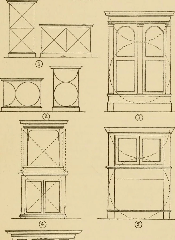An illustration from Furniture designing and draughting, notes on the elementary forms, methods of construction and dimensions of common articles of furniture, 1914, leaf 64
