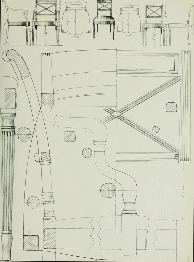An illustration from Furniture for to-day and to-morrow, with details, scale drawings, and pen and ink sketches, 1900, leaf 107