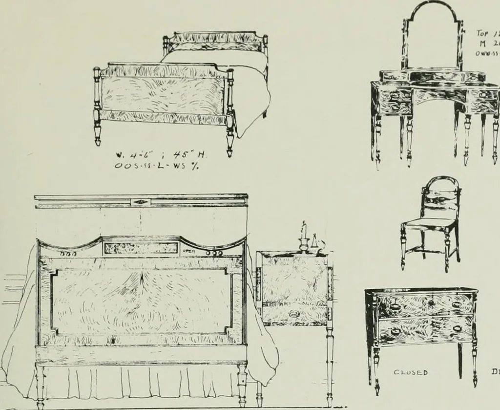 An illustration from Furniture for to-day and to-morrow, with details, scale drawings, and pen and ink sketches, 1900, leaf 137