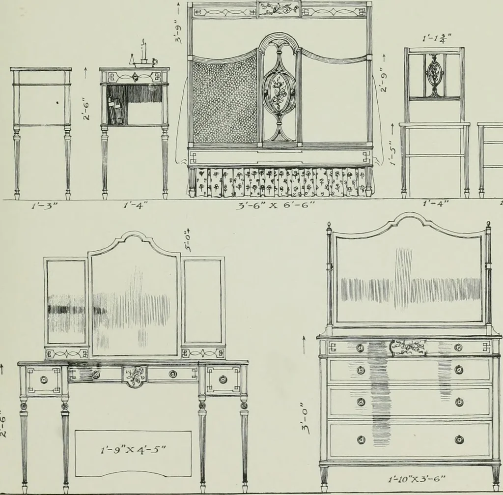 An illustration from Furniture for to-day and to-morrow, with details, scale drawings, and pen and ink sketches, 1900, leaf 147