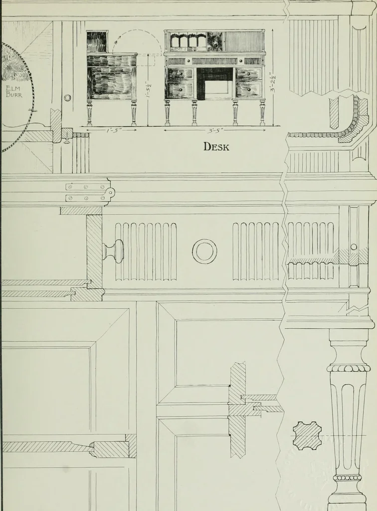 An illustration from Furniture for to-day and to-morrow, with details, scale drawings, and pen and ink sketches, 1900, leaf 43