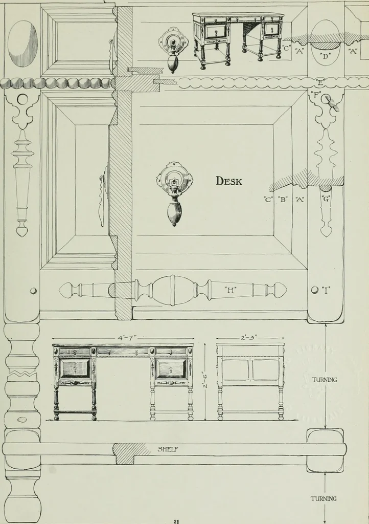 An illustration from Furniture for to-day and to-morrow, with details, scale drawings, and pen and ink sketches, 1900, leaf 45