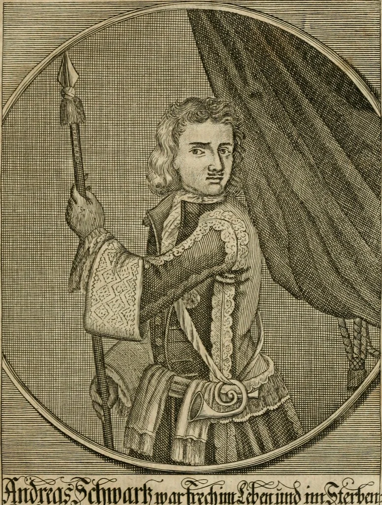 An illustration from Fürtreffliches Denck-Mahl der göttlichen Regierung bewiesen an der uhralten höchst-berühmten Antiquität des Klosters zu S. Michaëlis in Lüneburg, der in dem hohen Alter daselbst gestandenen güldenen Taffel, und anderer Kostbarkeiten : wie der gerechte Gott dero Räuber gantz wunderbarlich entdecket, zugleich viele begangene zuvor gantz unerforschliche Kirchen-Räubereyen und Diebstähle ans licht gebracht ..., 1700, leaf 228