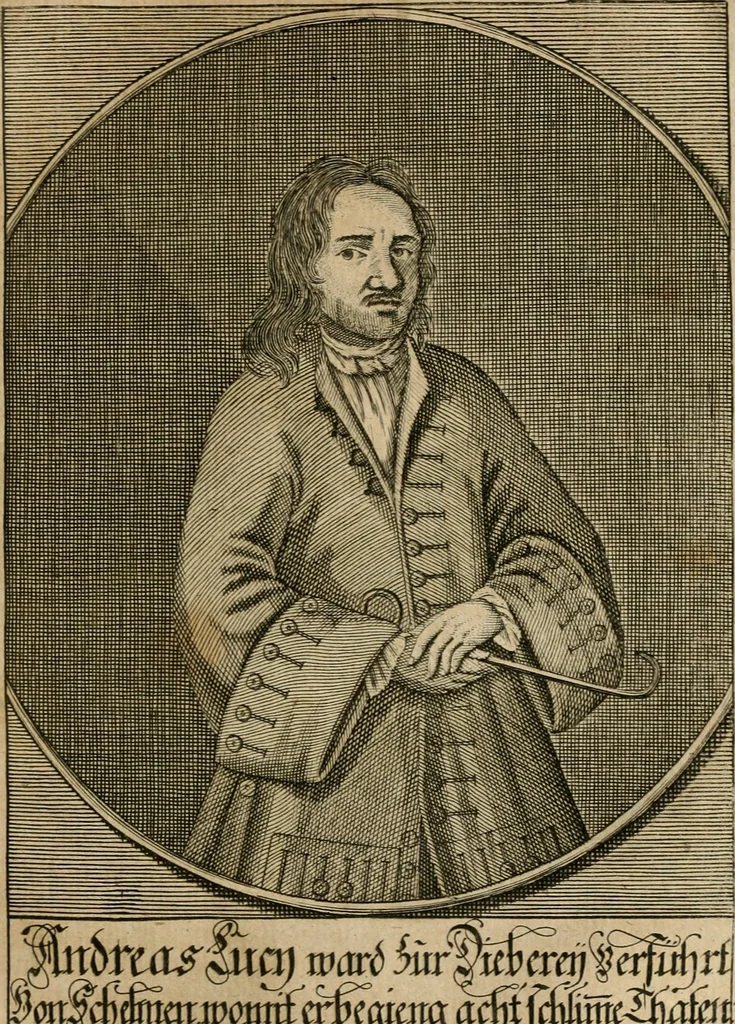 An illustration from Fürtreffliches Denck-Mahl der göttlichen Regierung bewiesen an der uhralten höchst-berühmten Antiquität des Klosters zu S. Michaëlis in Lüneburg, der in dem hohen Alter daselbst gestandenen güldenen Taffel, und anderer Kostbarkeiten : wie der gerechte Gott dero Räuber gantz wunderbarlich entdecket, zugleich viele begangene zuvor gantz unerforschliche Kirchen-Räubereyen und Diebstähle ans licht gebracht ..., 1700, leaf 320
