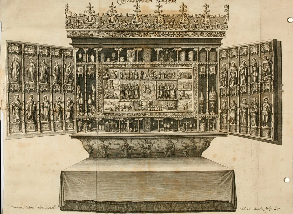 An illustration from Fürtreffliches Denck-Mahl der göttlichen Regierung bewiesen an der uhralten höchst-berühmten Antiquität des Klosters zu S. Michaëlis in Lüneburg, der in dem hohen Alter daselbst gestandenen güldenen Taffel, und anderer Kostbarkeiten : wie der gerechte Gott dero Räuber gantz wunderbarlich entdecket, zugleich viele begangene zuvor gantz unerforschliche Kirchen-Räubereyen und Diebstähle ans licht gebracht ..., 1700, leaf 373