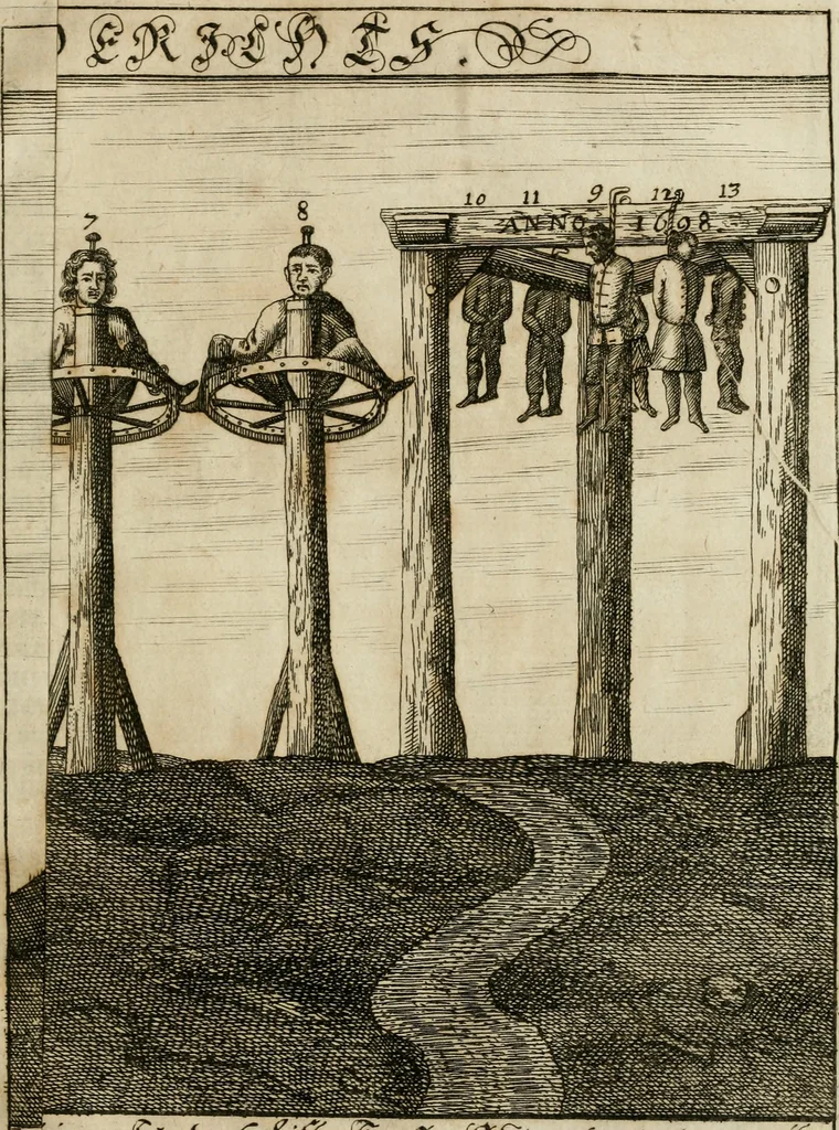 An illustration from Fürtreffliches Denck-Mahl der göttlichen Regierung bewiesen an der uhralten höchst-berühmten Antiquität des Klosters zu S. Michaëlis in Lüneburg, der in dem hohen Alter daselbst gestandenen güldenen Taffel, und anderer Kostbarkeiten : wie der gerechte Gott dero Räuber gantz wunderbarlich entdecket, zugleich viele begangene zuvor gantz unerforschliche Kirchen-Räubereyen und Diebstähle ans licht gebracht ..., 1700, leaf 382