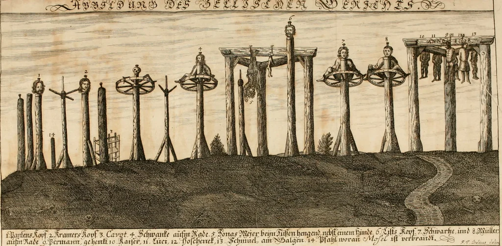 An illustration from Fürtreffliches Denck-Mahl der göttlichen Regierung bewiesen an der uhralten höchst-berühmten Antiquität des Klosters zu S. Michaëlis in Lüneburg, der in dem hohen Alter daselbst gestandenen güldenen Taffel, und anderer Kostbarkeiten : wie der gerechte Gott dero Räuber gantz wunderbarlich entdecket, zugleich viele begangene zuvor gantz unerforschliche Kirchen-Räubereyen und Diebstähle ans licht gebracht ..., 1700, leaf 383