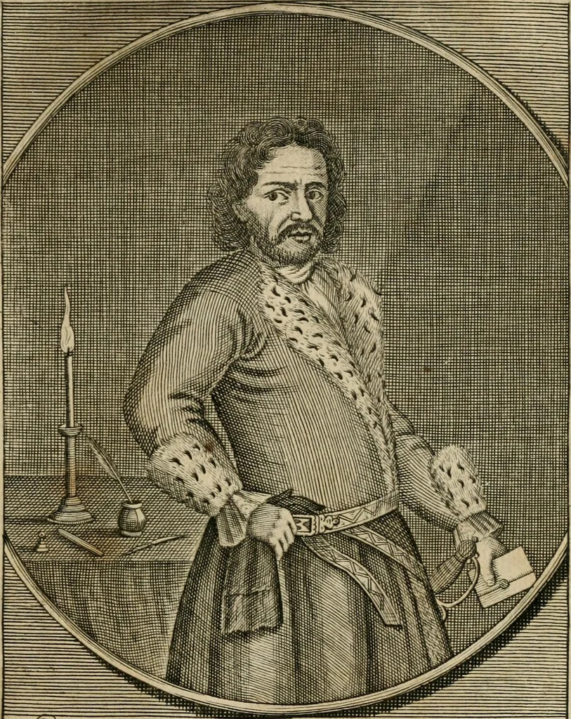 An illustration from Fürtreffliches Denck-Mahl der göttlichen Regierung bewiesen an der uhralten höchst-berühmten Antiquität des Klosters zu S. Michaëlis in Lüneburg, der in dem hohen Alter daselbst gestandenen güldenen Taffel, und anderer Kostbarkeiten : wie der gerechte Gott dero Räuber gantz wunderbarlich entdecket, zugleich viele begangene zuvor gantz unerforschliche Kirchen-Räubereyen und Diebstähle ans licht gebracht ..., 1700, leaf 64
