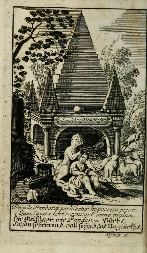 An illustration from Futer über die Mirantische Maul-Trummel Oder Begriff In welchem der jetzigen Welt thorechtes/ von ihr aber gar schön vermeintes Beginnen in Lateinisch und Teutsche Elegien/ samt schönen Sinnbildern/ und neuen Melodeyen ... an den Tag gegeben wird, 1699, leaf 102
