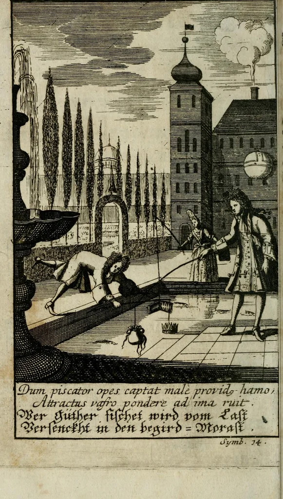 An illustration from Futer über die Mirantische Maul-Trummel Oder Begriff In welchem der jetzigen Welt thorechtes/ von ihr aber gar schön vermeintes Beginnen in Lateinisch und Teutsche Elegien/ samt schönen Sinnbildern/ und neuen Melodeyen ... an den Tag gegeben wird, 1699, leaf 306