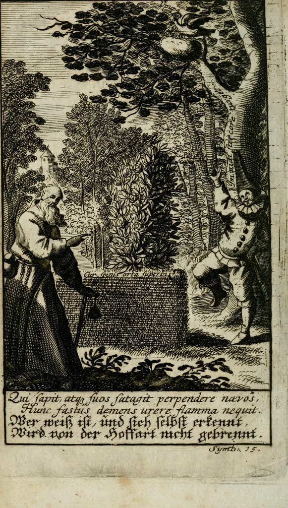 An illustration from Futer über die Mirantische Maul-Trummel Oder Begriff In welchem der jetzigen Welt thorechtes/ von ihr aber gar schön vermeintes Beginnen in Lateinisch und Teutsche Elegien/ samt schönen Sinnbildern/ und neuen Melodeyen ... an den Tag gegeben wird, 1699, leaf 328