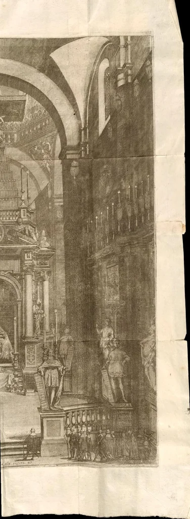 An illustration from Fvnerale fatto nel Dvomo di Torino alla gloriosa memoria dell'invittissimo, e potentissimo prencipe Vittorio Amedeo : duca di Sauoia, prencipe di Piemonte, rè di Cipri, &c. : dalle Altezze Reali di madama Christiana di Francia sva moglie, e del serenissimo dvca Francesco Giacinto sva primogenito, alli 18. di decembre M.DC.XXXVII, 1638, leaf 43